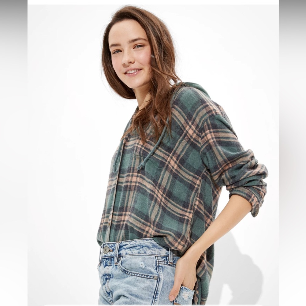 American Eagle Plaid Hooded Flannel Shirt